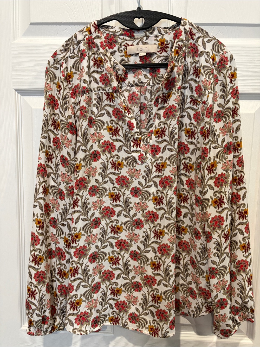 LOFT Cream Floral V-Neck Blouse with Pink & Olive Print
